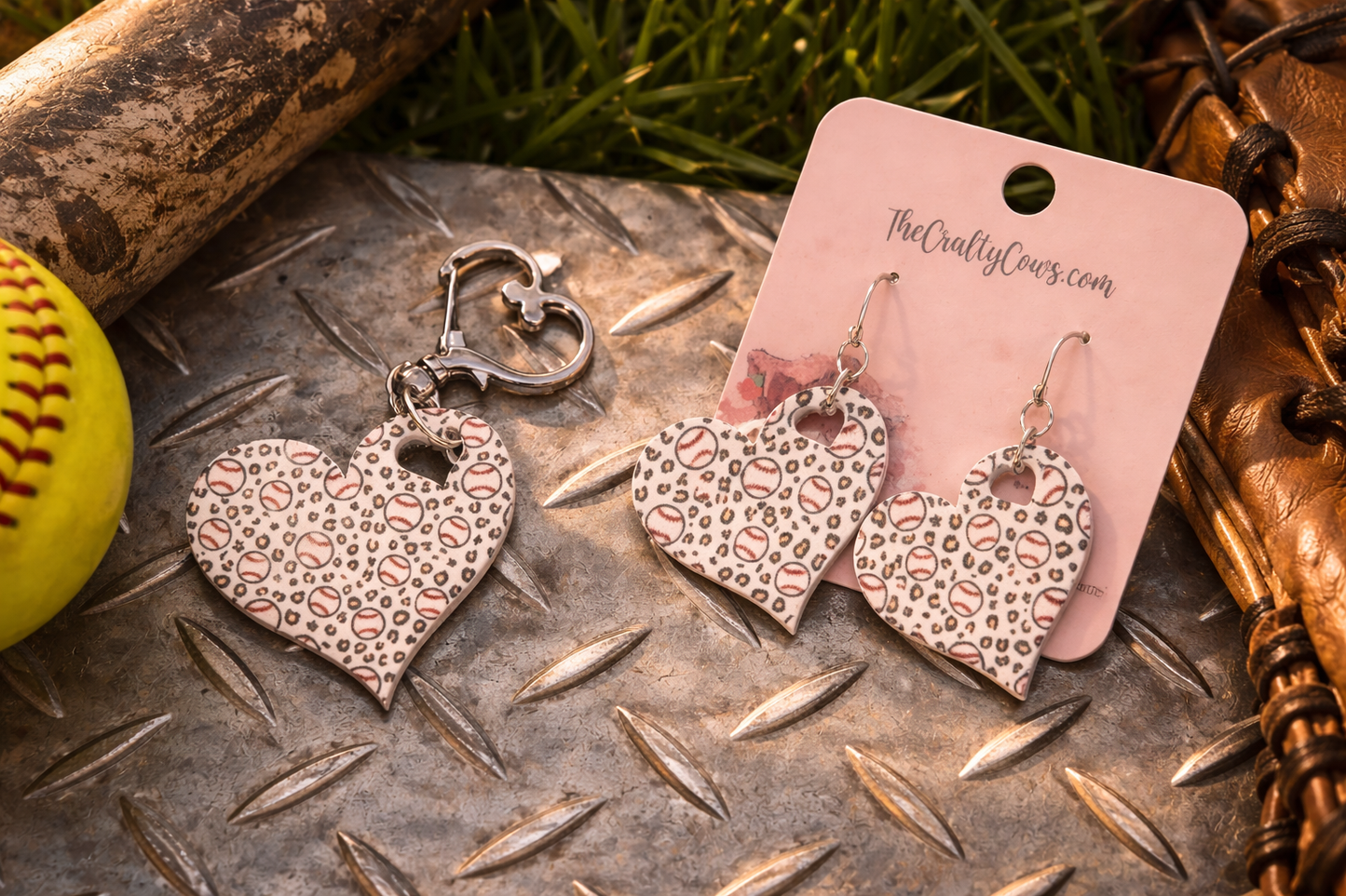 Baseball Heart Acrylic Earring & Matching Keychain Set